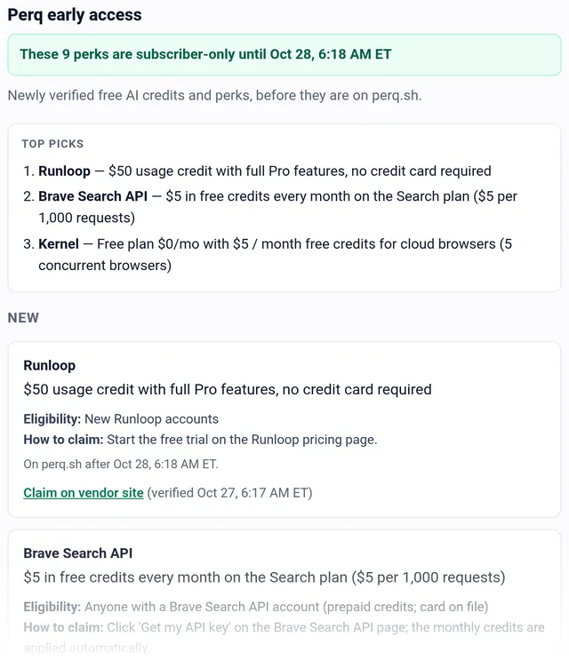 Example Perq early-access email: new perks before they're on perq.sh